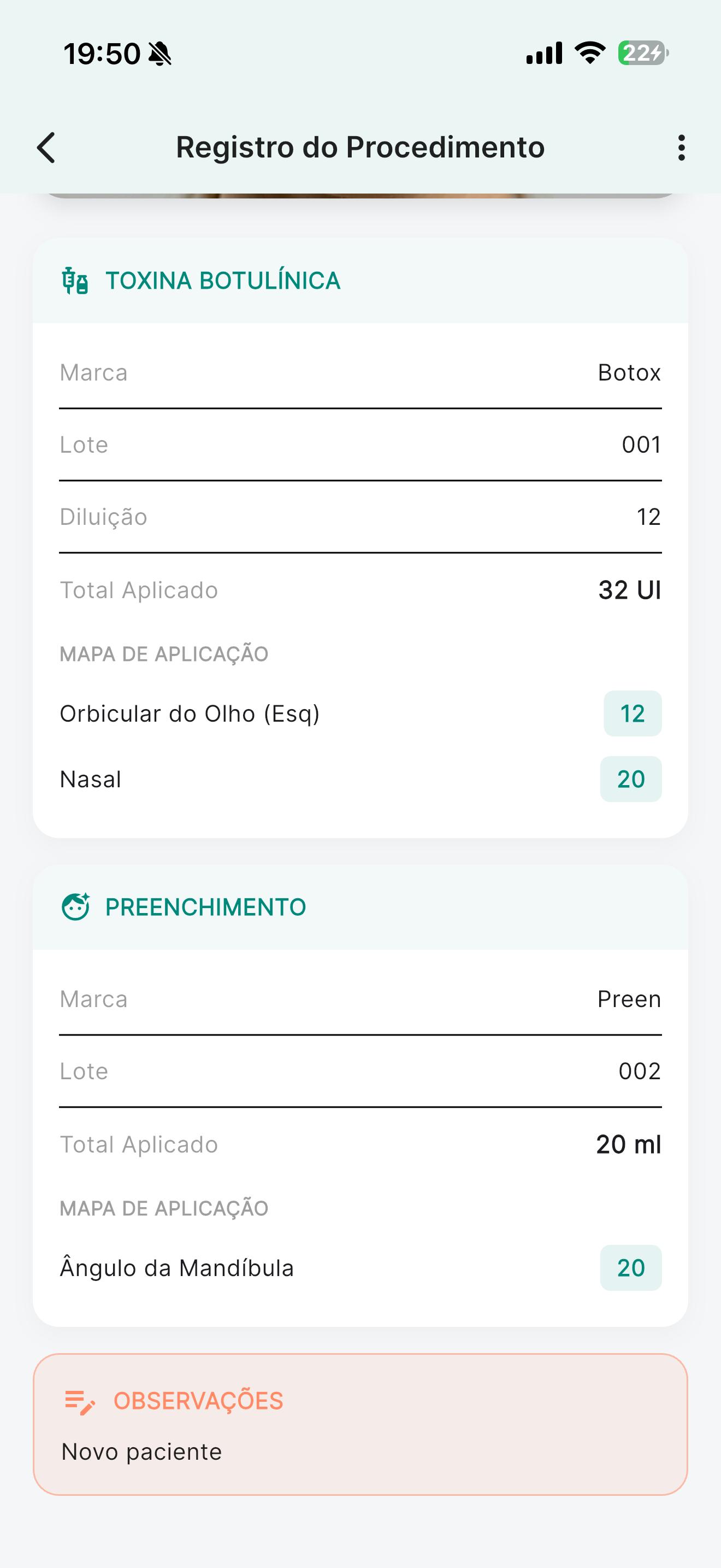 Ficha clínica de botox e filler no app Lume